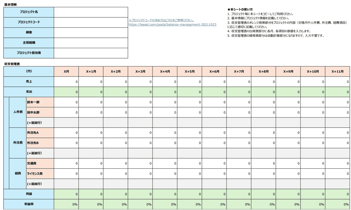 プロジェクト収支管理表のテンプレート画面